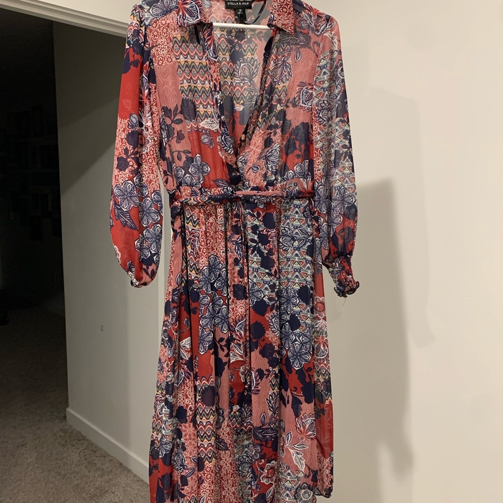 Chic Long Sleeve Floral Dress - Red and Blue
